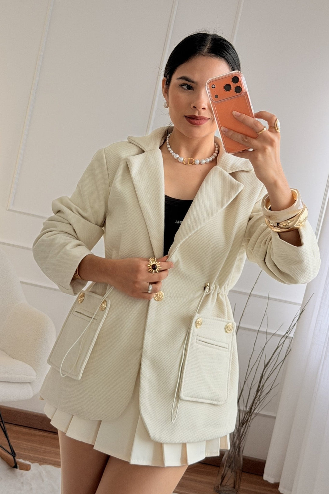 Blazer s nastavitelným šňůrkovým pasem a zlatými knoflíky