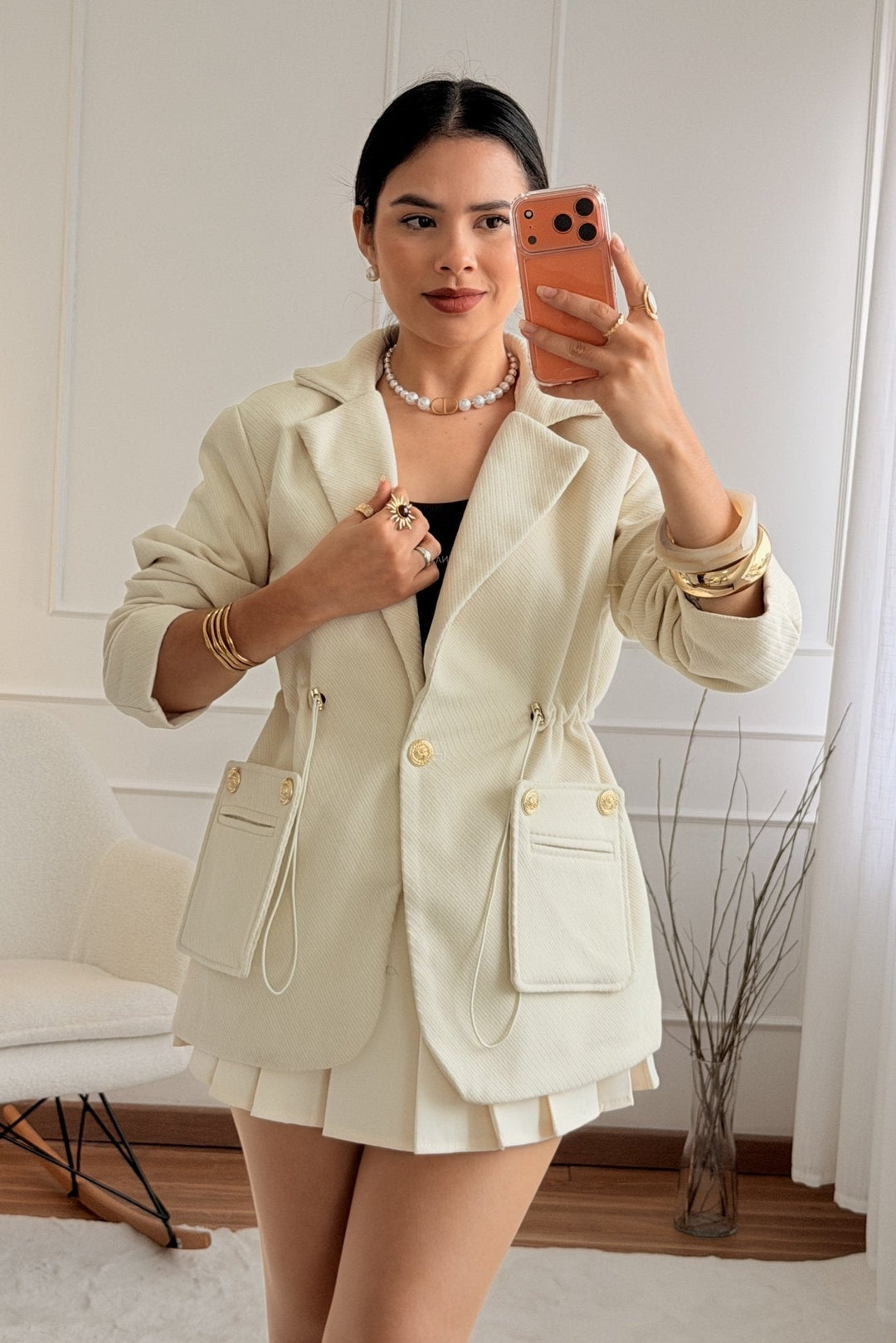 Blazer s nastavitelným šňůrkovým pasem a zlatými knoflíky