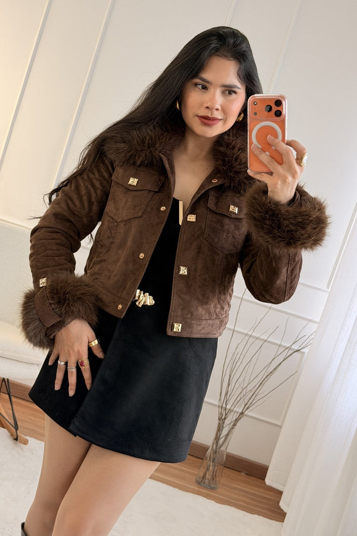 Krátký semišový kabát s odnímatelným chlupem FLAMMODE