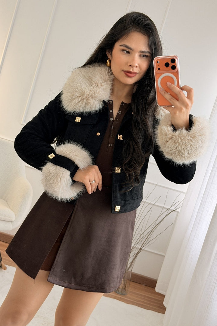 Krátký semišový kabát s odnímatelným chlupem FLAMMODE