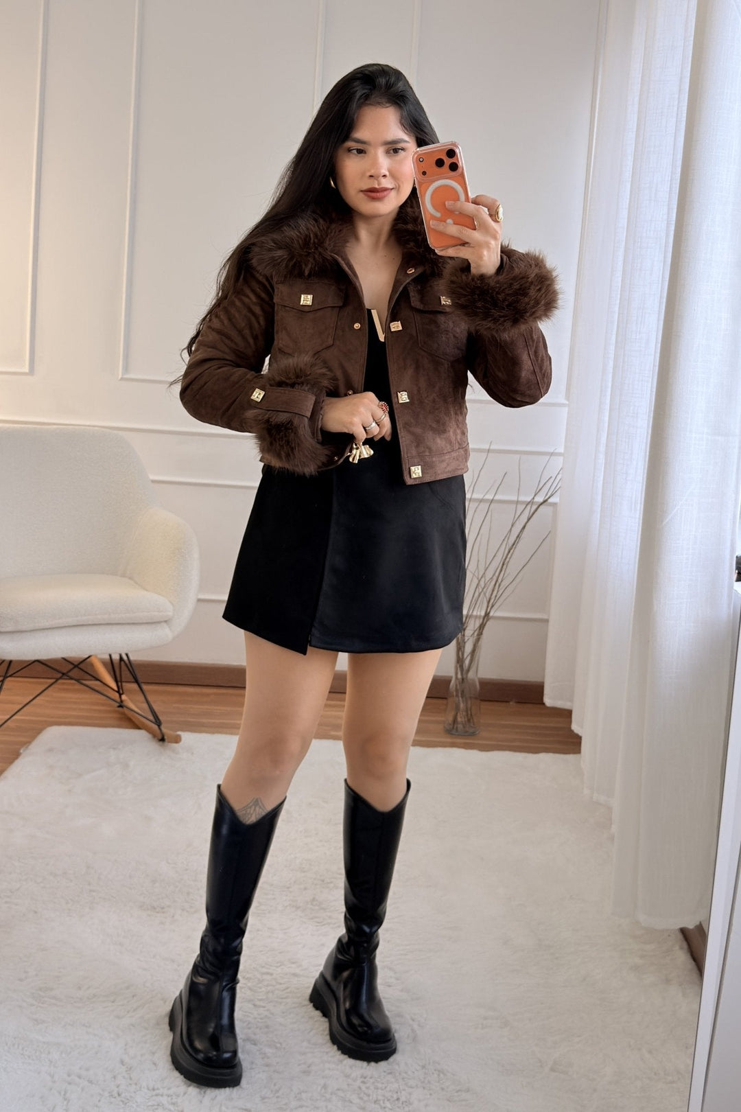 Krátký semišový kabát s odnímatelným chlupem FLAMMODE