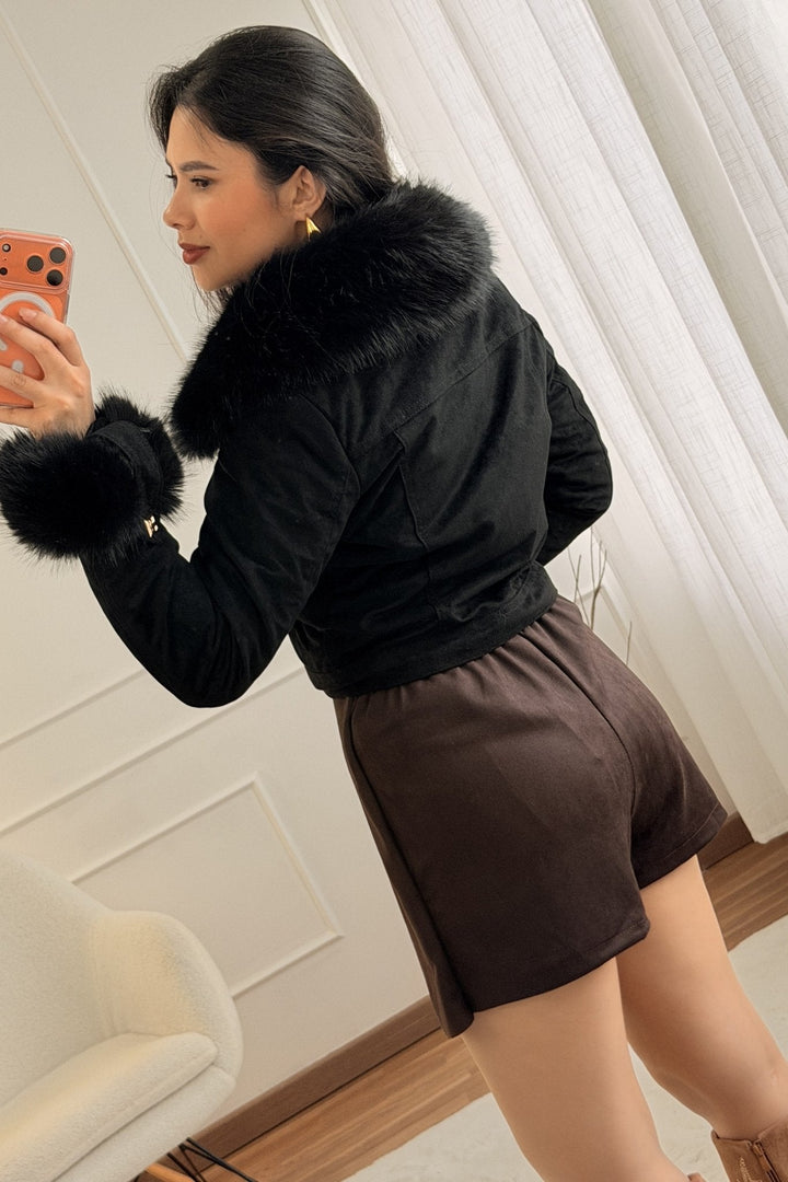 Krátký semišový kabát s odnímatelným chlupem FLAMMODE