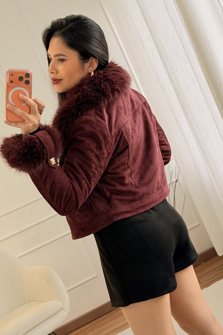 Krátký semišový kabát s odnímatelným chlupem FLAMMODE