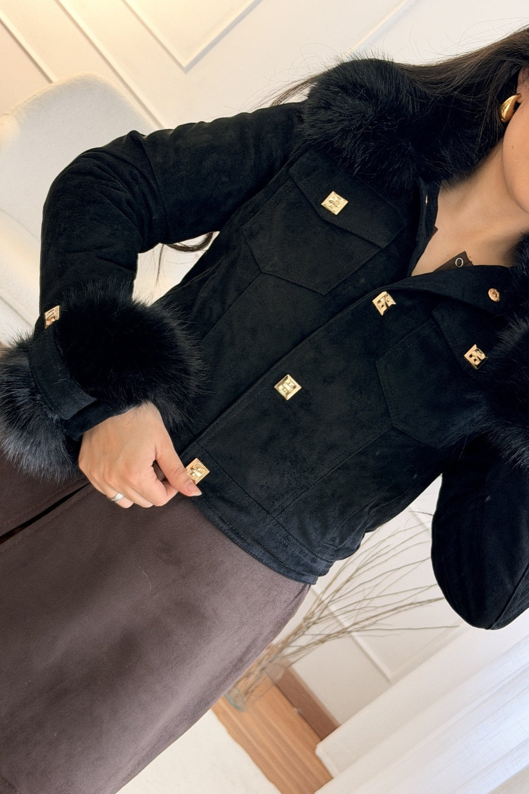 Krátký semišový kabát s odnímatelným chlupem FLAMMODE