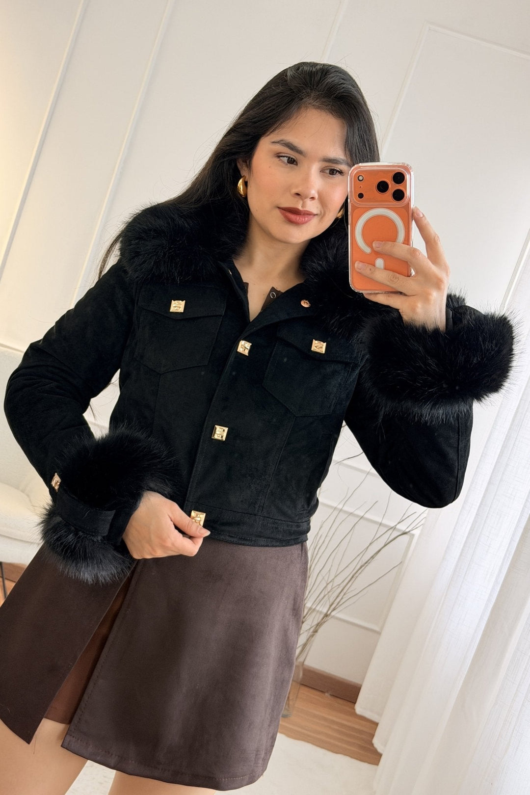 Krátký semišový kabát s odnímatelným chlupem FLAMMODE