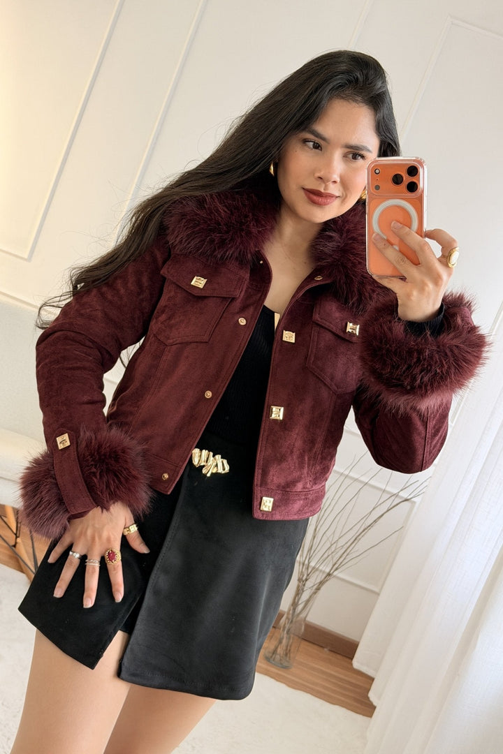 Krátký semišový kabát s odnímatelným chlupem FLAMMODE