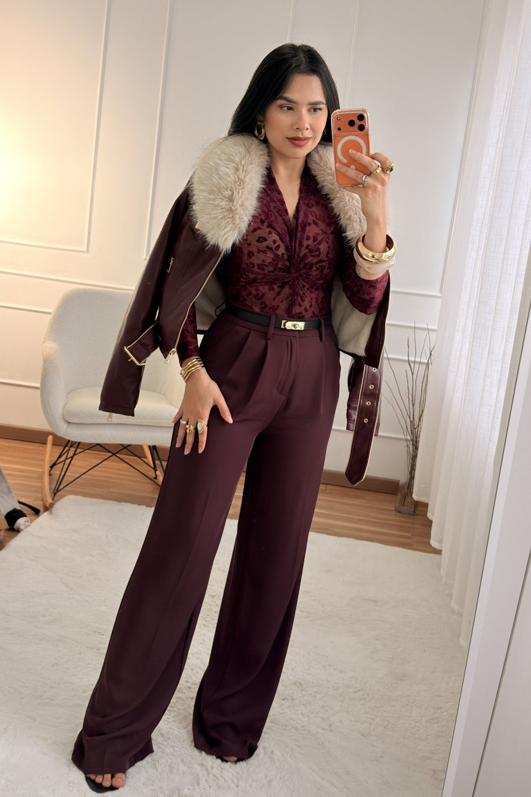 Krátký kabát z umělé kůže s páskem FLAMMODE