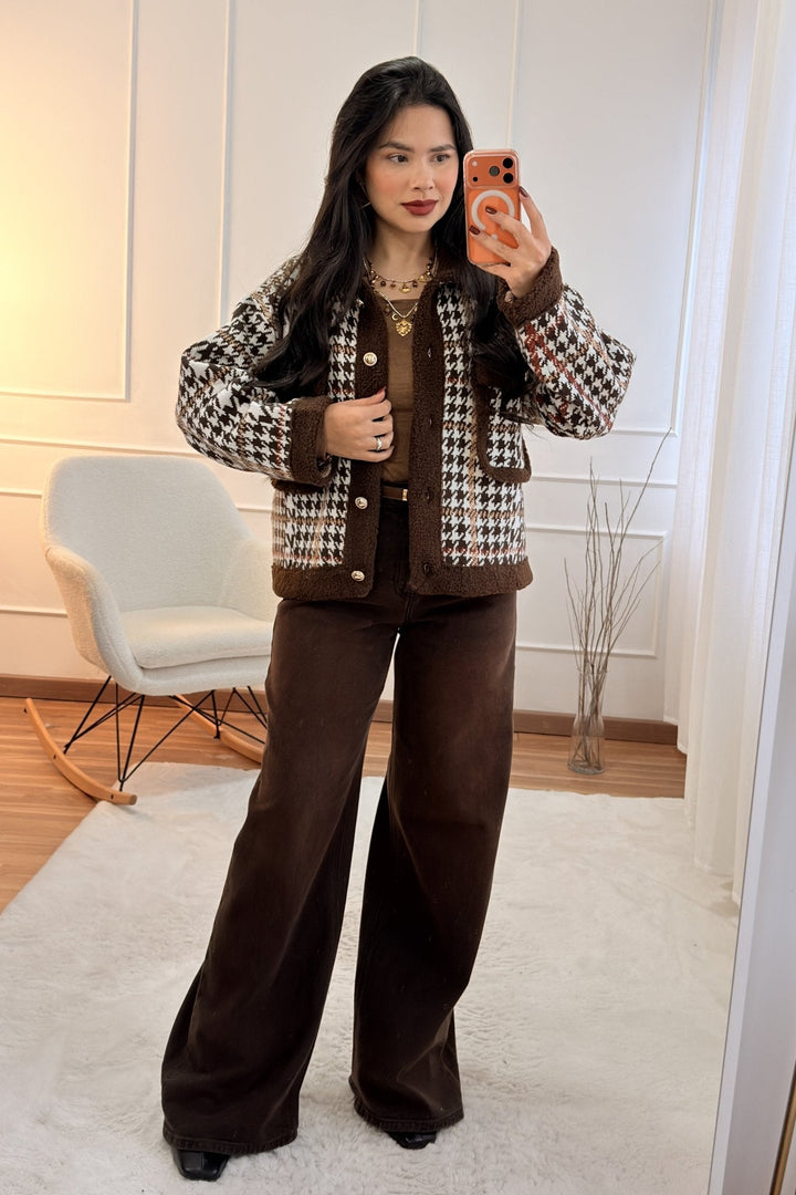 Kabát s kostkovaným vzorem a kožešinou AZAKA