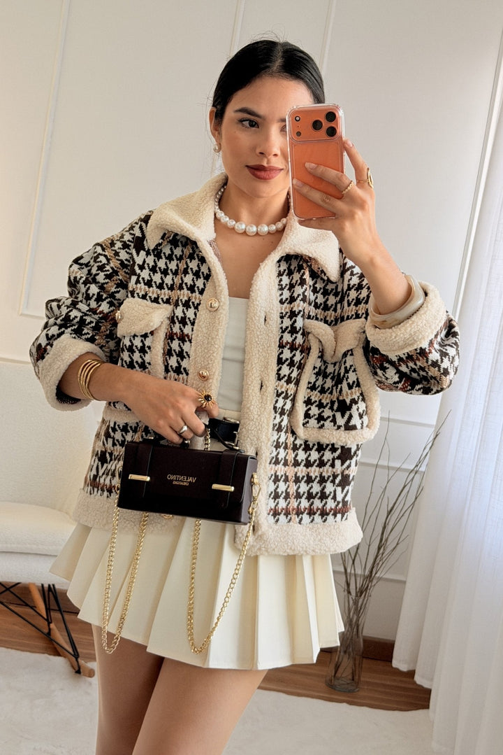 Kabát s kostkovaným vzorem a kožešinou AZAKA